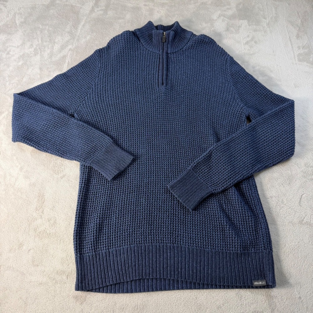 Eddie Bauer Sweater Quarter Zip Men M Navy Blue 100% Cotton Waffle Knit Pullover